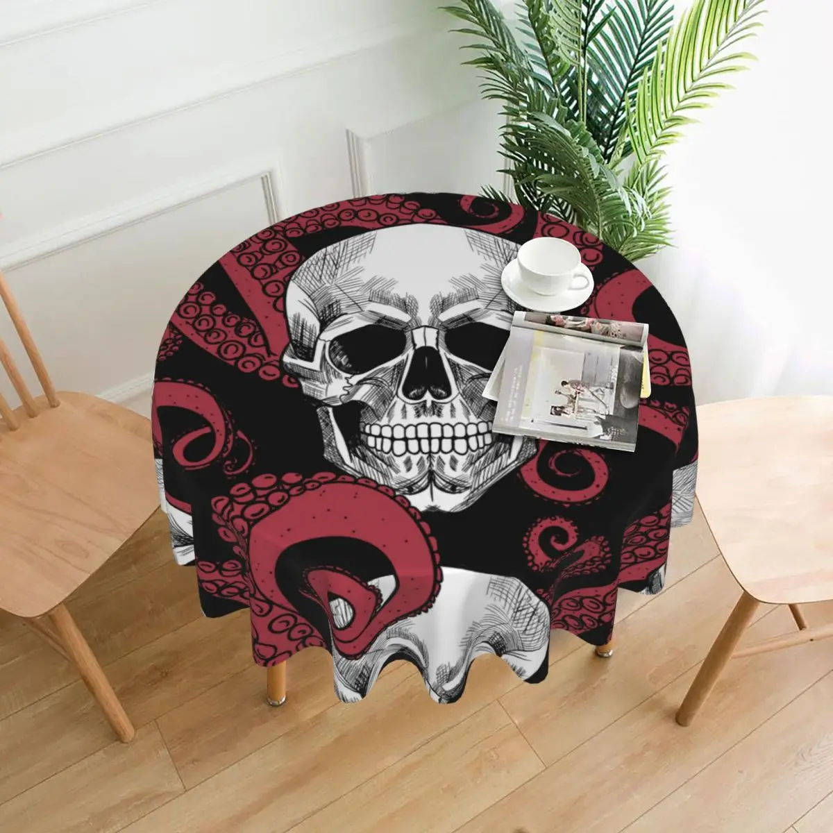 

Round Tablecloth Skull And Red Octopus Tentacles Cover Washable Table Cloth for Tea Table