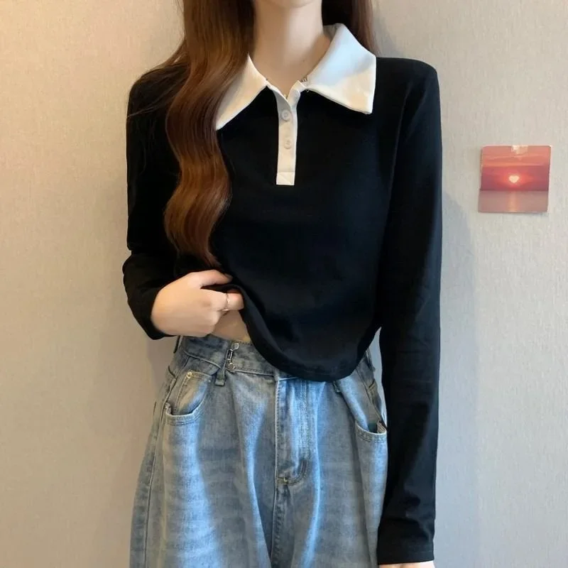 Women's Polo Collar Slimming Inner T-Shirt Long Sleeve Base Layer Top Niche Cropped Design Sensibility For Autumn
