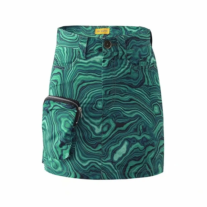 

Fashion Spring and Autumn New Style Feng Shui Ripple Pocket Bag Hip Skirt 2023 Women's New High Waist Printed Skirt Punk Skirt