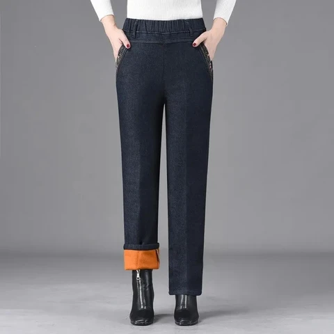 Зимние Бархатные Теплые прямые джинсовые брюки для мам винтажные с высокой талией вышитые мешковатые джинсы повседневные утепленные джинсовые брюки