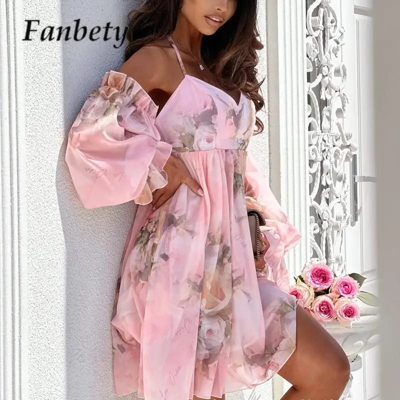 

Sexy Backless Long Sleeve Short Dress Fashion 3D Flower Print Off Shoulder Mini Dress Sweet Women Sweetheart Neck Chiffon Dress