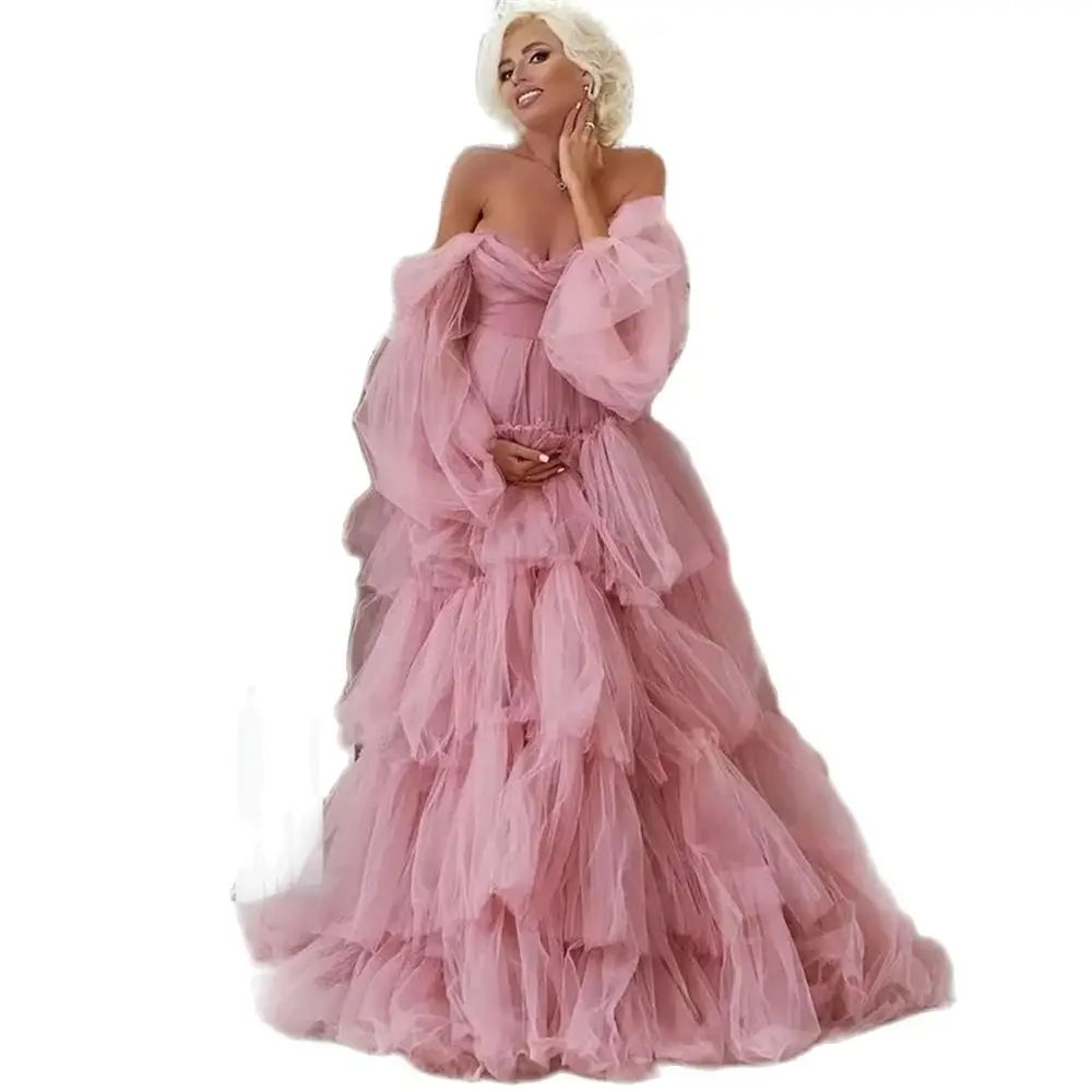 Платье с открытыми плечами из тюля | Многослойное длинное женское платье для