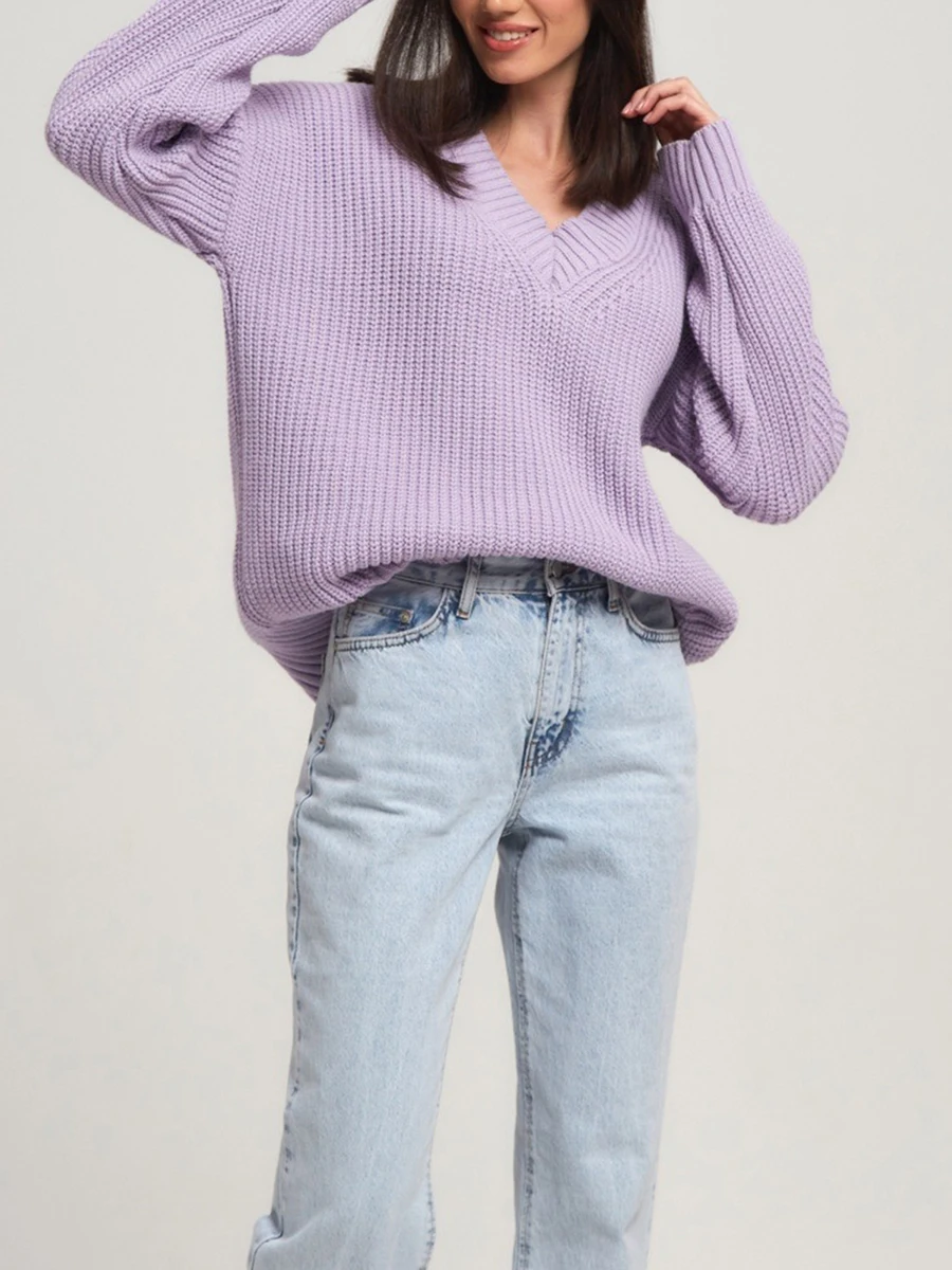 

Женский свитер свободного покроя, однотонный вязаный свитер с V-образным вырезом и длинными рукавами, пуловеры, толстые вязаные топы на осень и зиму