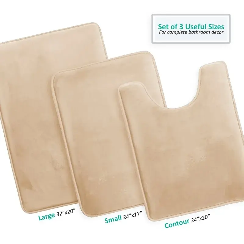 

Luxurious Beige Absorbent Memory Foam 3 Piece Bath Mat Bathroom Rugs Set, 20x32, 17x24 and Contour Rug.