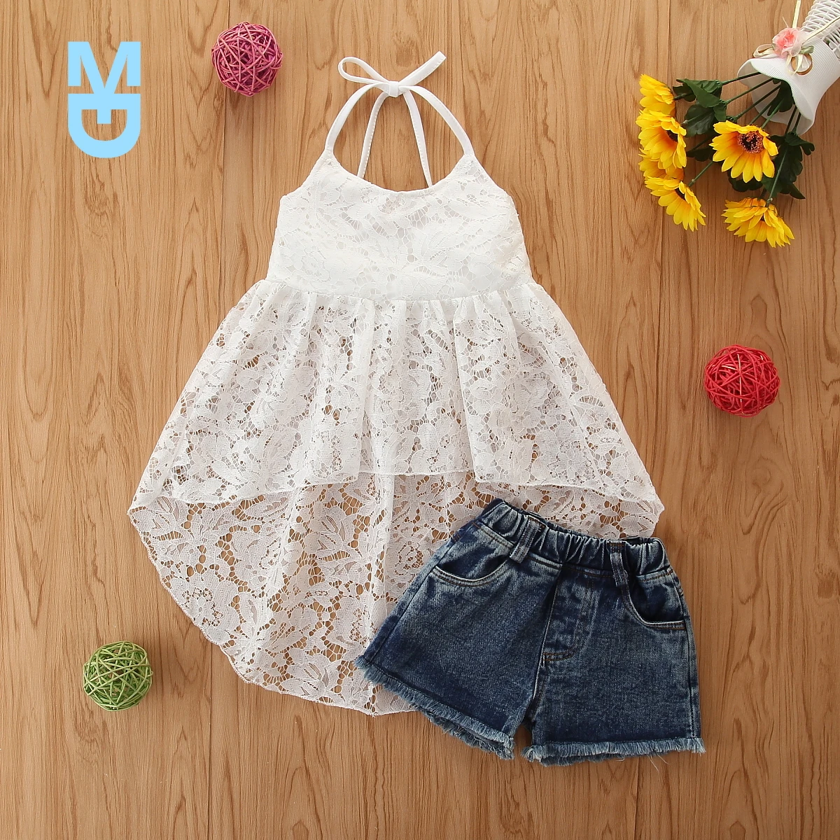 

New 1-6Y Toddler Girl Clothes Set Kids Baby Infant Clothing Girls Lace Sleeveless Dress Tops Denim Shorts Summer Outfit Set