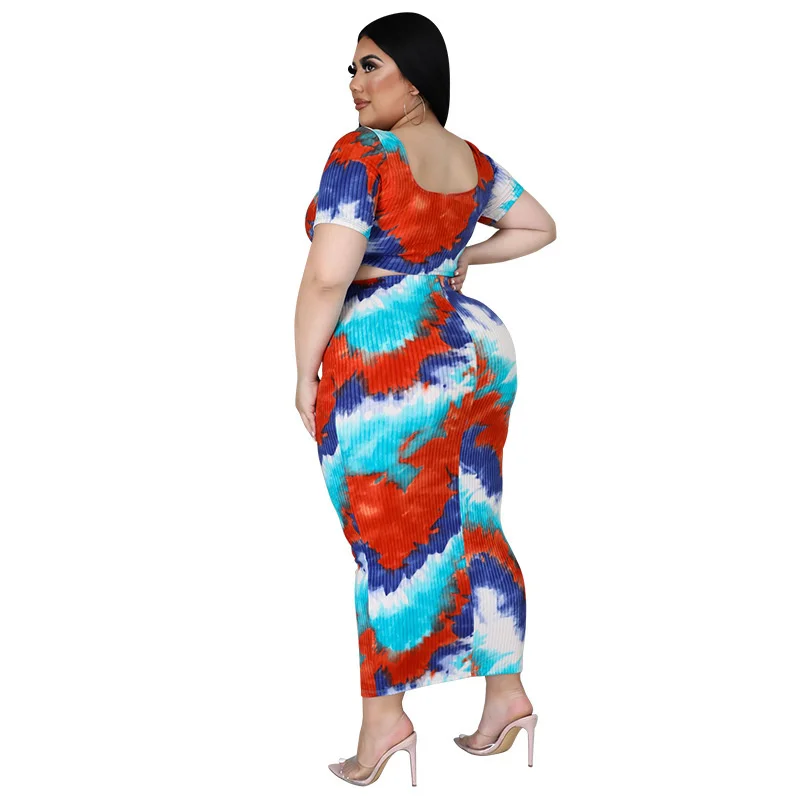 Plus Size Clothing Women's Wear Summer Ribbed Pit Strip Digital Printing Two-piece Skirts Set Whole 3xl 4xl 5xl 6xl