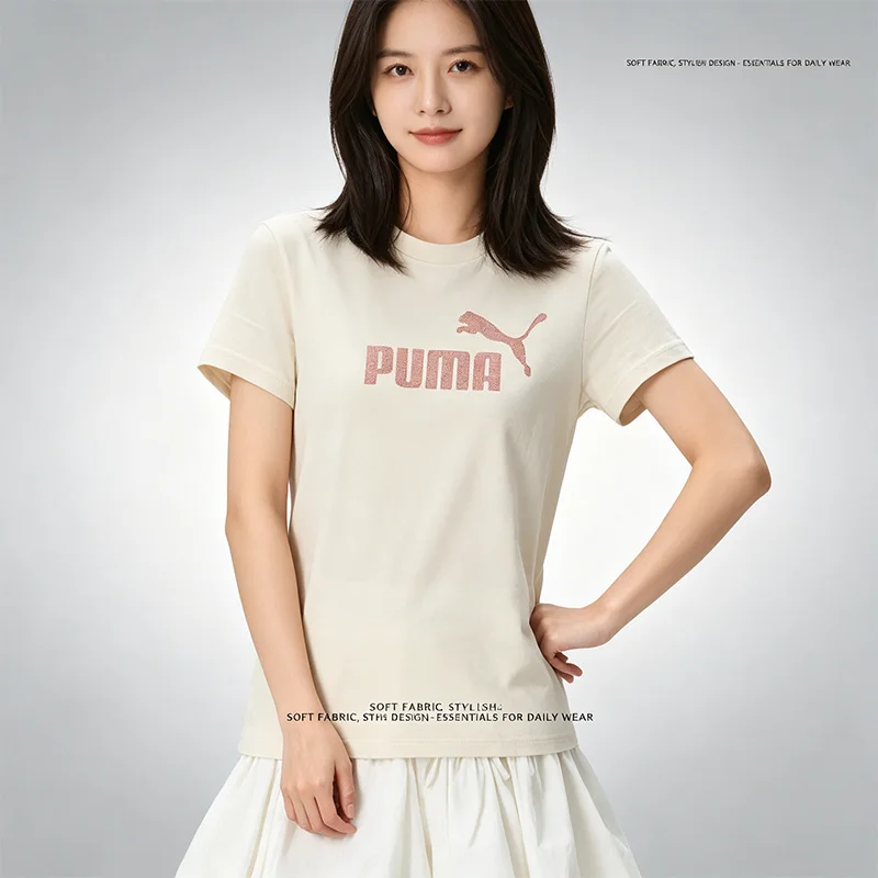 Фото Женская хлопковая футболка PUMA с круглым вырезом и блестящим принтом, повседневная, для тренировок, с коротким рукавом, 694455-87 №4