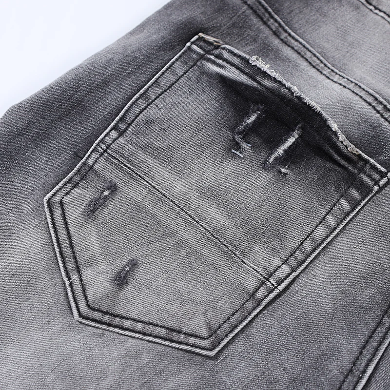 High Street Fashion Men Jeans Retro Gray Elastic Stretch Skinny Ripped Jeans Men Camouflage Patched Designer Hip Hop Brand Pants