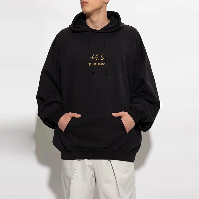 

New I AM RICH Vetements Gold embroidery Currency Hoodie Men Women 1:1 High Quality Vintage VTM Hooded Pullovers gym