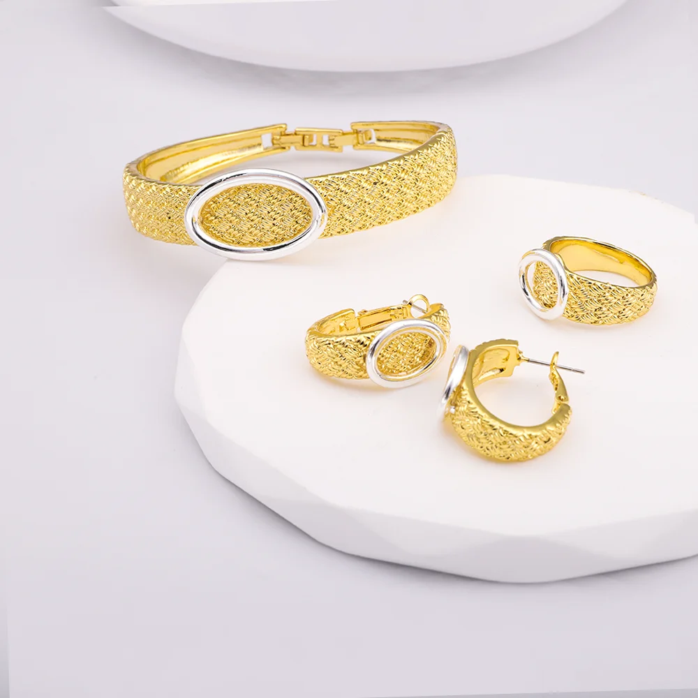 

Dubai Gold Color Fine Jewelry Women's Bracelet Ring Earring Set Round Pattern Design Fashion Classic Style Wedding Anniversary