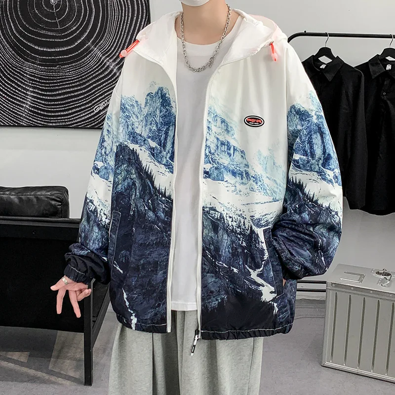 

Hip Hop Baseball Jacket Jacket Snow Mountain Print Top Bomber Biker Punk Retro Fashion College High Quality Jacket