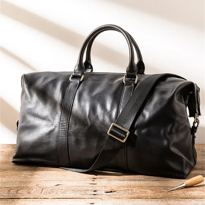 Fashion high-quality genuine leather men's black travel bag luxury real cowhide large-capacity weekend handbag shoulder bag