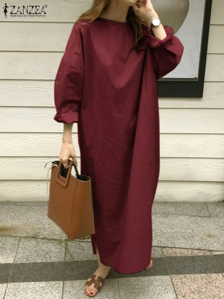 Women Summer Long Sleeve Dress Solid Color O-Neck Button Sundress 2022 ZANZEA BohemianLoose Sundress Holiday Elegant Dresses
