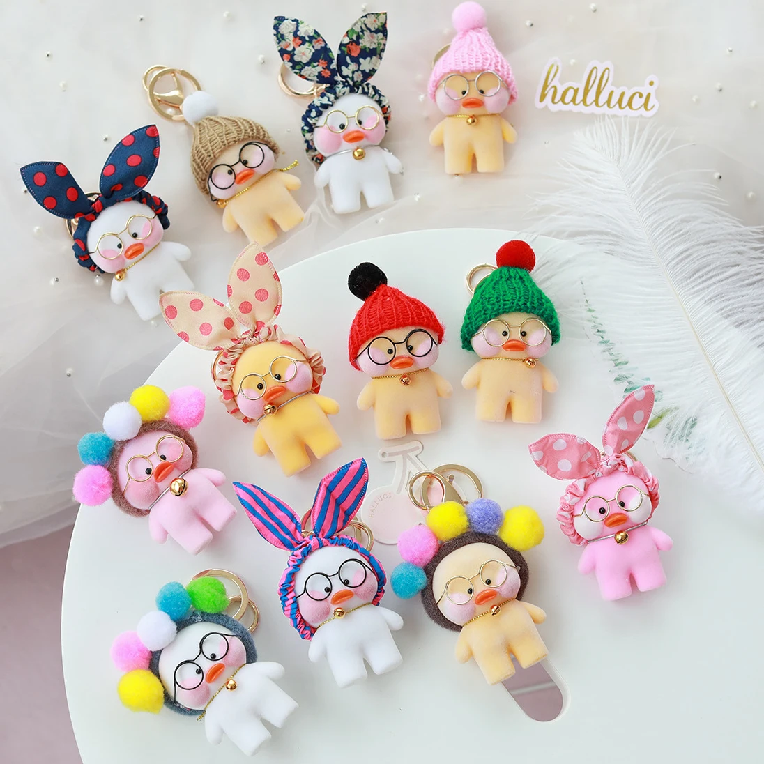 

Cute Lalafanfan Duck Keychain Kawaii Cafe Mimi plush toy Yellow Duck Action Figure Bags Keyring Decoration Toys Children Gifts