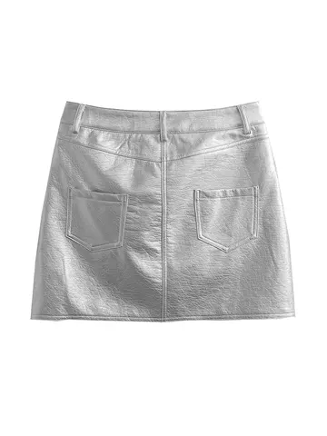 TELLHONEY Women Fashion Silver Shiny Leather PU Mini Skirt Female High Waist Front Zipper With Pockets Ladies Short Skirts