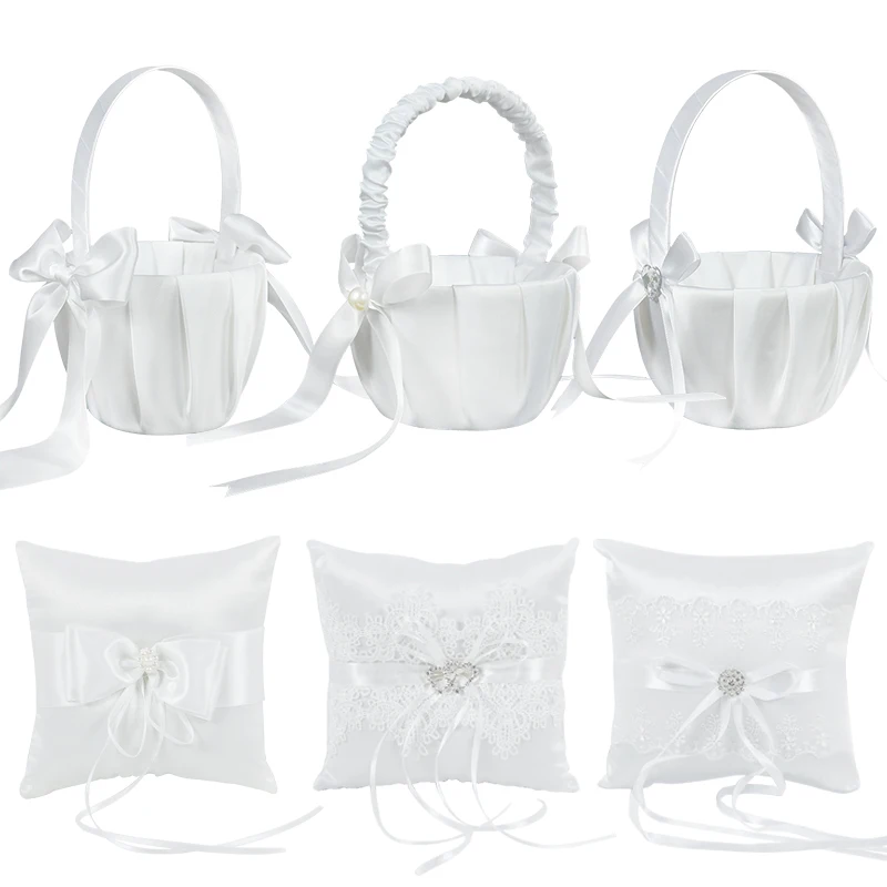 

Pure White Wedding Flower Basket Lace Pearl Romantic Heart Rhinestone Decoration Wedding Ceremony Party Portable Basket Supplies