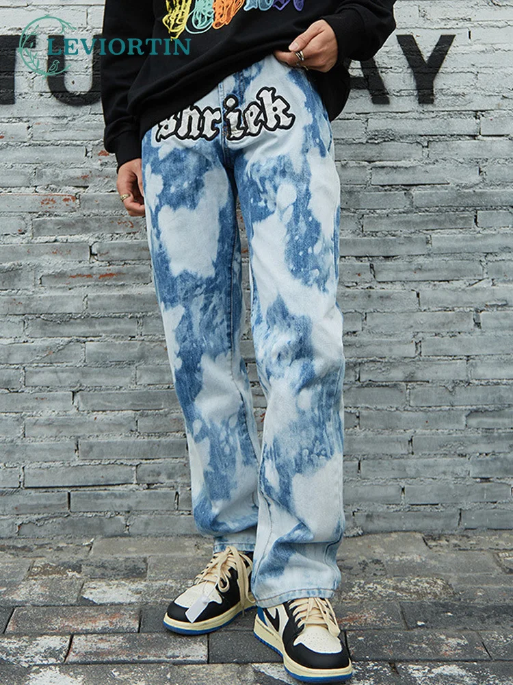 

High Street Straight Pants Men Cargo Jeans Hip Hop Letter Embroidery Tie Dye Denim Fashion Vintage Baggy Trousers Streetwear