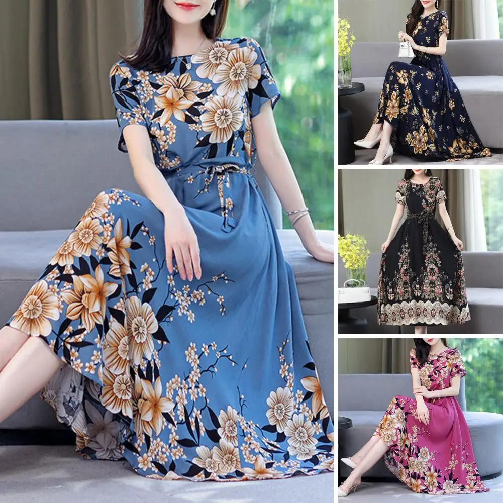 

A-line Maxi Dress Floral Print Mid-aged Ladies A-line Dress Elegant O-neck Midi with High Waist Belt Streetwear for Women Summer