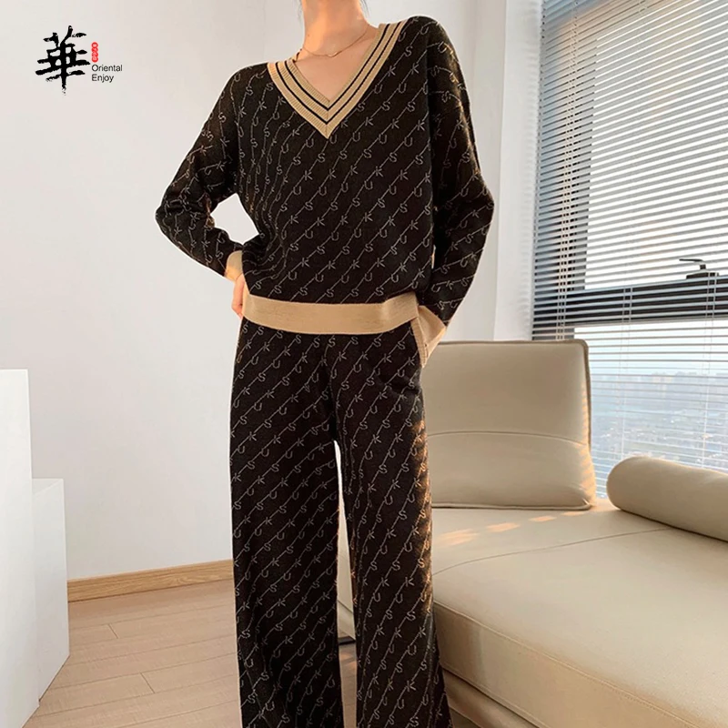 Комплект из Свитера и брюк женский зимний повседневный костюм трикотажный топ с