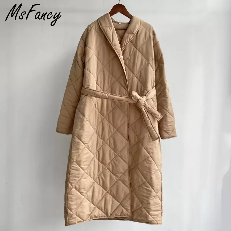New2022 Long Parkas Women Stand Collar Quilted Coats Femme Winter Double Breasted Tunic Bandage Jacket Outwear