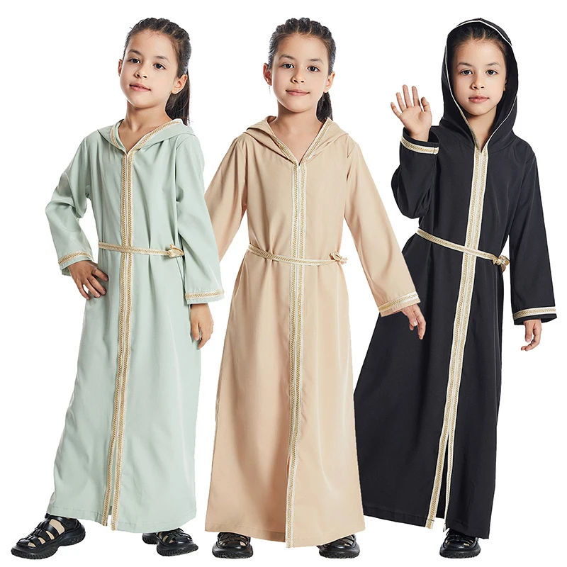 

Ramadan Muslim Dress Dubai Kaftan Robe Modest Dress With Belt Abaya for Kids Hooded Maxi Turkey Prayer Arab Gown Islamic Jilbab