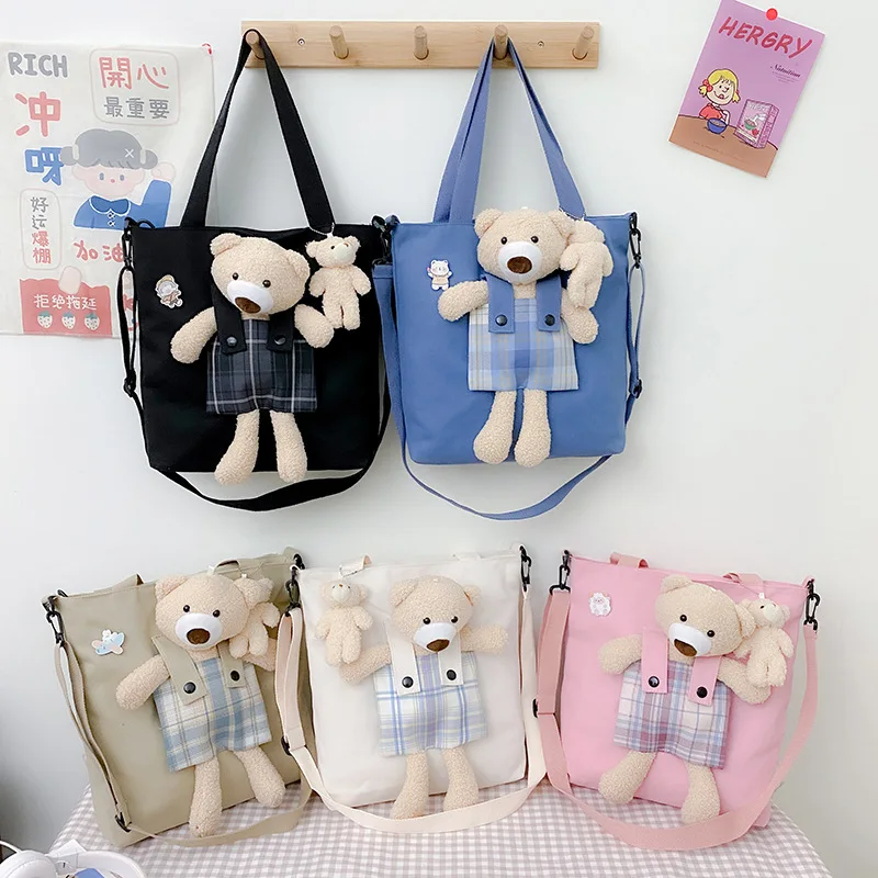 

Fashion canvas bag shoulder bag niche leisure large capacity shopping bag student school bag bear cartoon handbag messenger bag