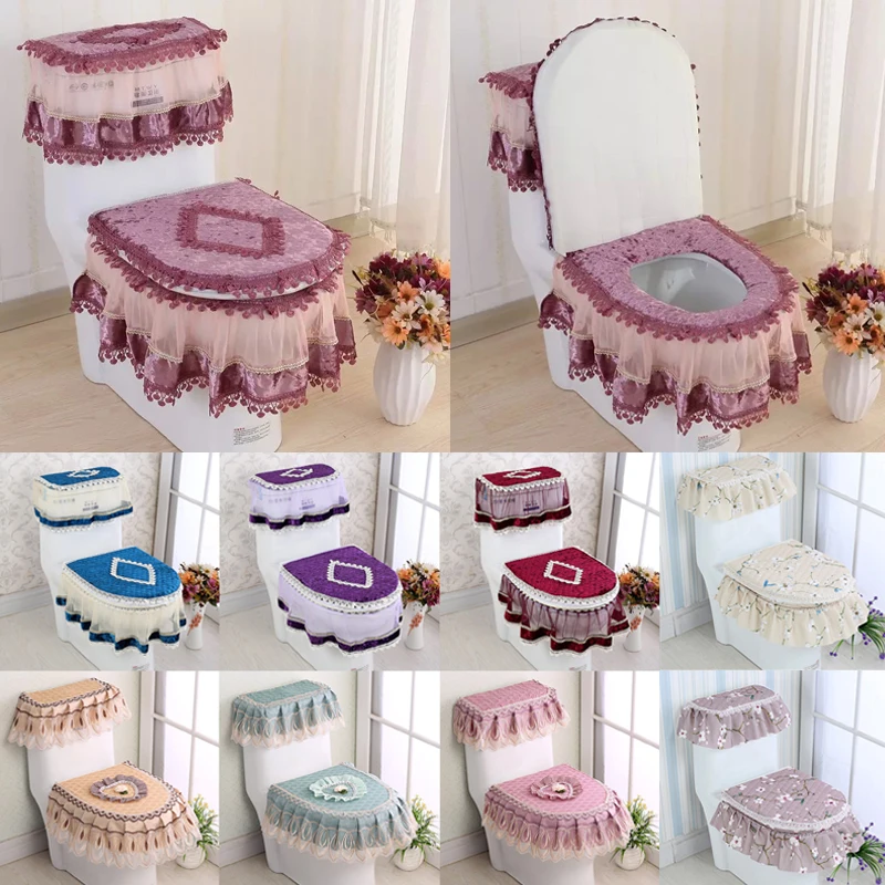 Lace Bathroom Toilet Seat Water Tank Cover Top Cover Toilet Pad Set Three-Piece Floral Print Closestool Protector Cushion Pads