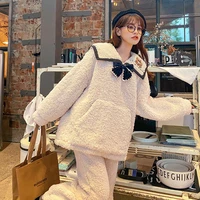 autumn and winter new solid color bowknot fashion trend korean suit cute sweet pajamas plus velvet thick thick home service