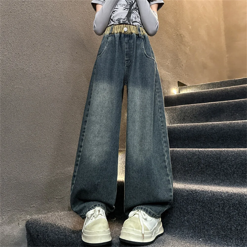 2431 корейские модные джинсы с изогнутыми ножками для девочек детские широкие