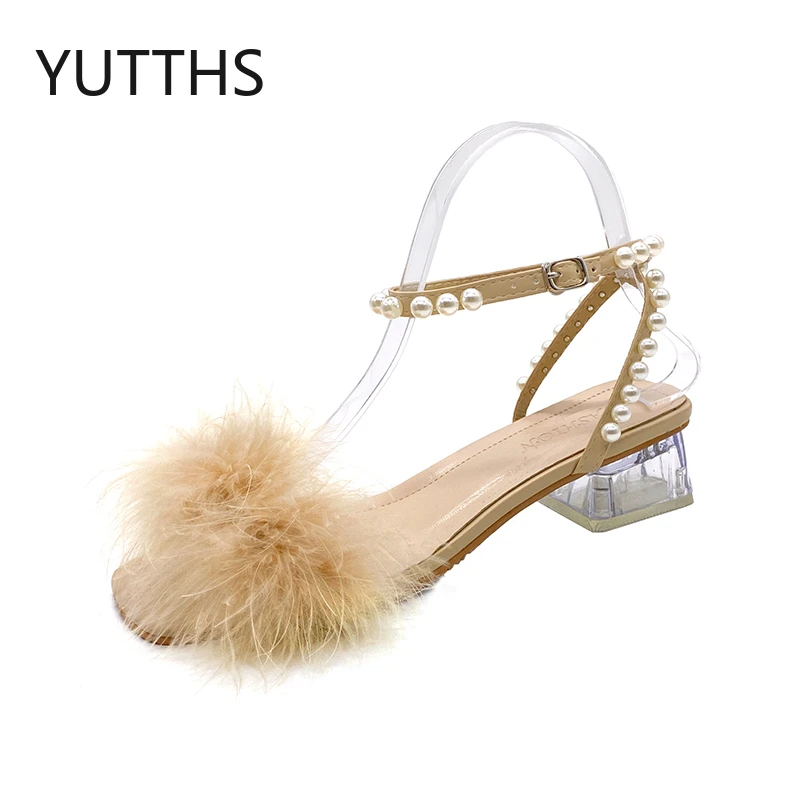 

Pearl High Heels Women Transparent Sandals Women 2022 Summer New Buckle Strap Furry Design Korean Style Trend Women's Shoes PU