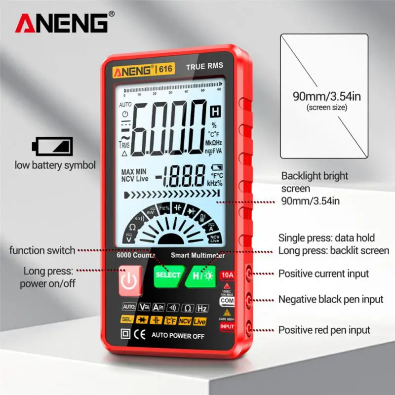 

Цифровой мультиметр умный ANENG 616 большой экран подсветка 6000 отсчетов ультратонкий переменный/Постоянный Ток Напряжение Ток мультиметр инст...