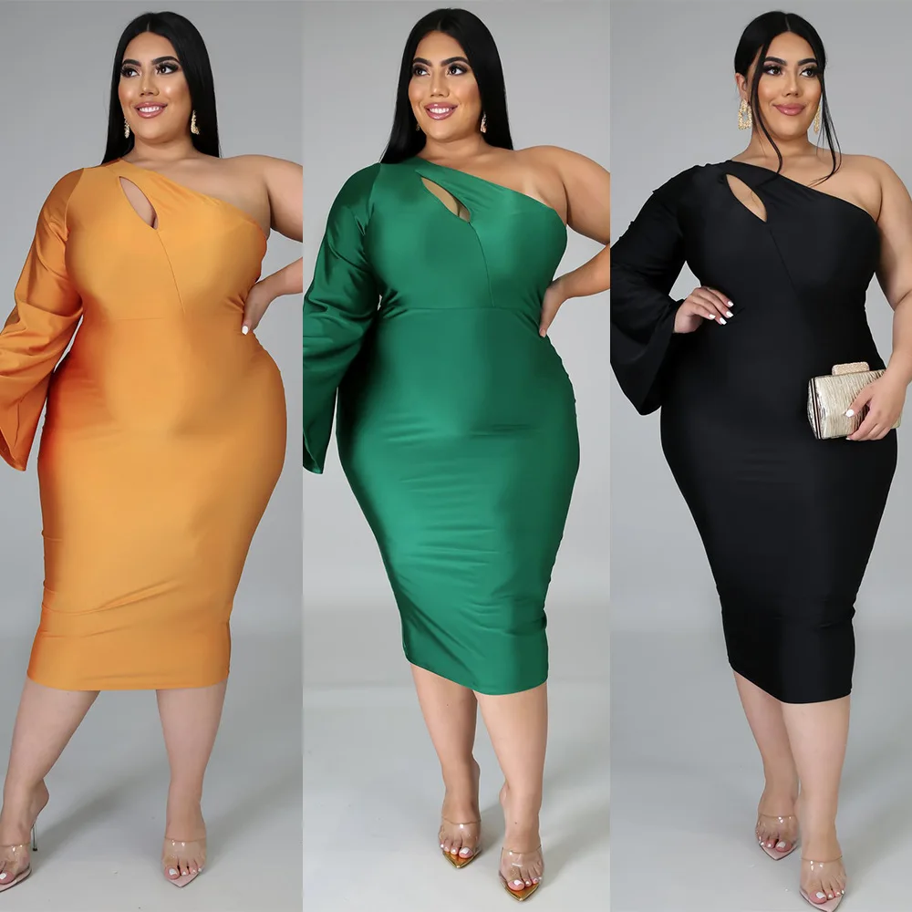 Plus Size Elegant Bodycon One Shoulder Party Dress For Women Long Sleeve Irregular Office Lady Vestidos Banquet Designer Robes
