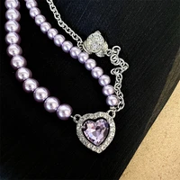 fashion pearl purple gemstone necklace fantasy crystal love titanium steel clavicle chain ladies jewelry gift