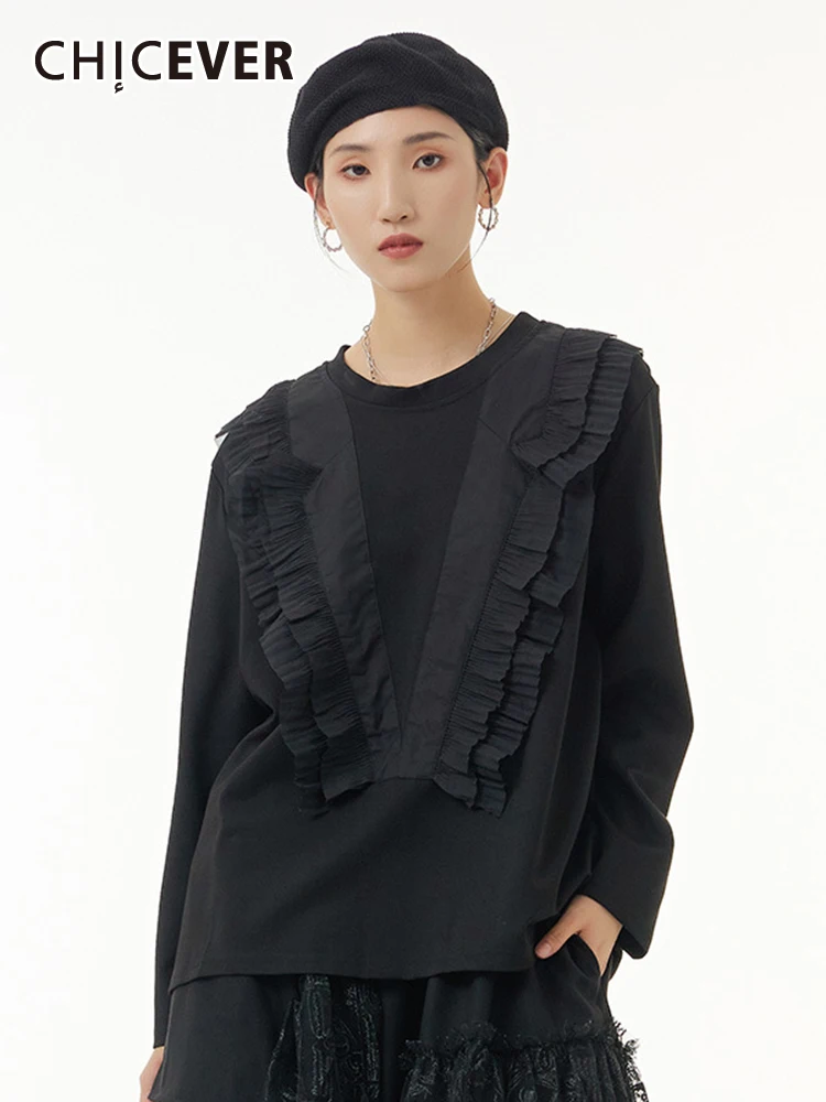 

CHICEVER Лоскутные оборки Топы для женщин круглый вырез длинный рукав хитовый цвет складки Повседневная футболка женская одежда в Корейском стиле новинка