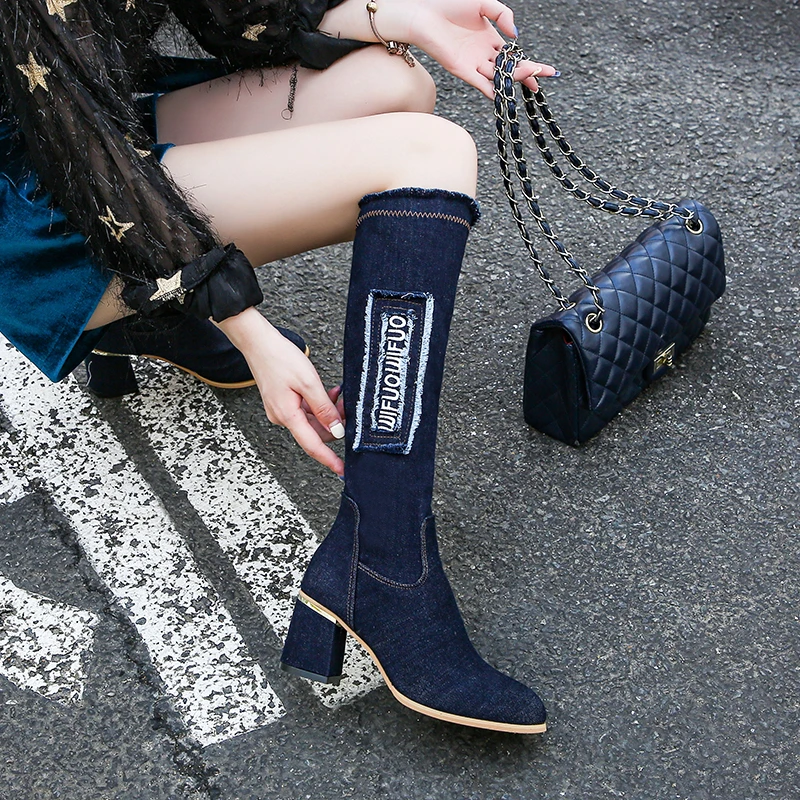 

Elastic Denim Long Boots Women Autumn Fashion Blue Letter Printed Knee-High Boots Woman Slip-On High Heels Botas Mujer Plus Size