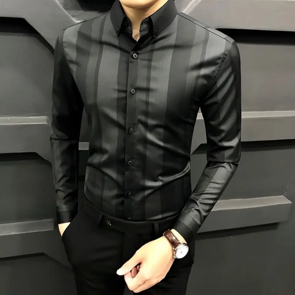 Men's long sleeve striped shirt Korean fashion casual slim business shirt handsome top