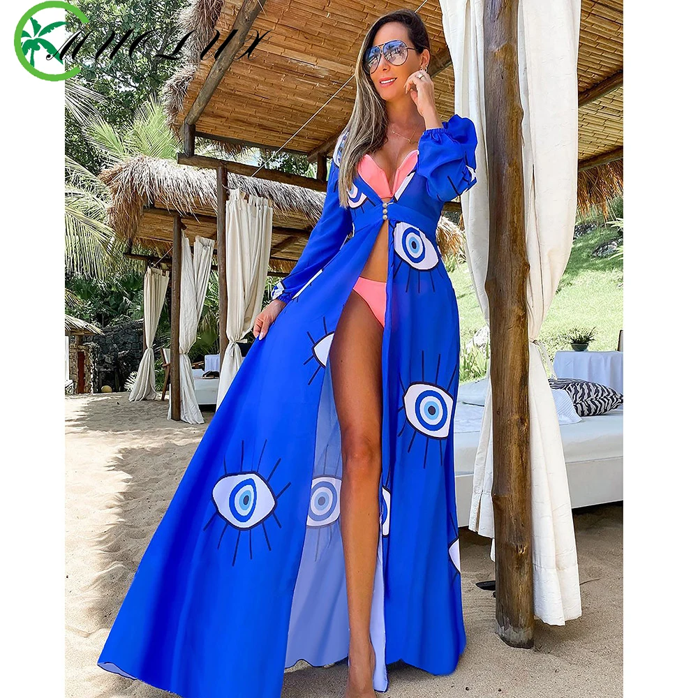 

MUOLUX Blue Eyes Bikini Beach Cover Up Tunics for Long Kaftan Bikini Dress Robe De Plage Sarong Swimsuit Cover-ups Swimwear