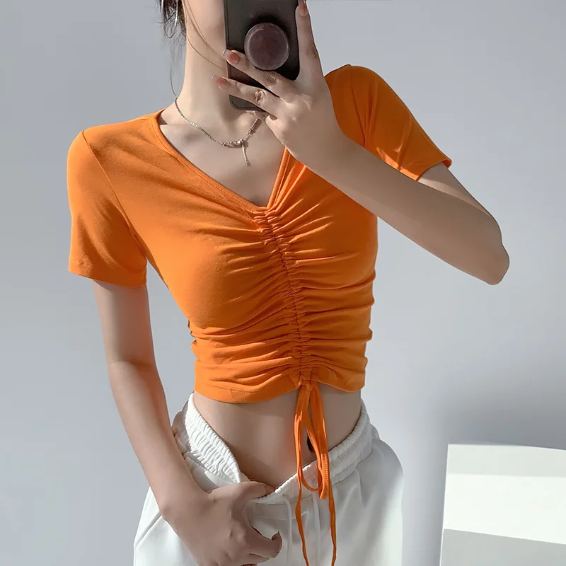 

Make spot v-neck draw string short-sleeved summer dew brief paragraph navel cultivate one's morality personality pure color coat