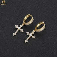 gold plated hoop earrings jewelry bling cz stone iced diamond cross pendant drop hoop earring