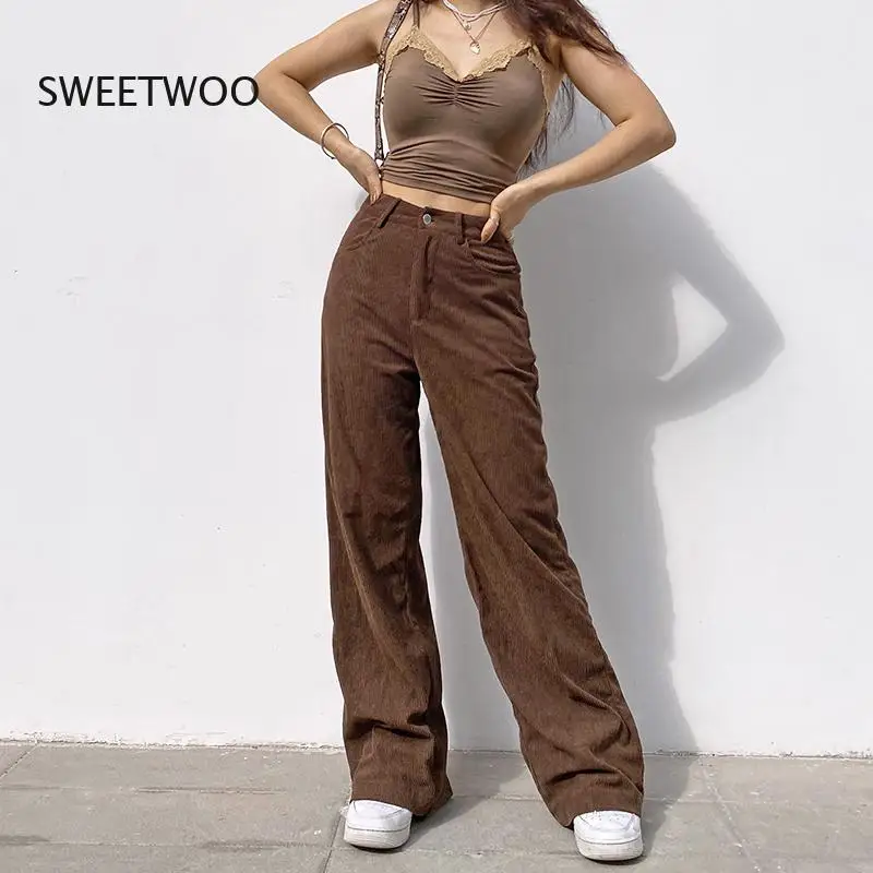 

2022 New Women's Corduroy Loose Joggers Pants Retro Wide Leg Pants Brown Low Waist Ladies Trousers Fashion Tide Chic Slim Women