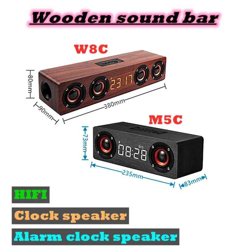 

Wooden Soundbar Wireless Bluetooth Speaker 20W HIFI High-fidelity Surround Sound Music Center with LED Display FM Radio Boom Box