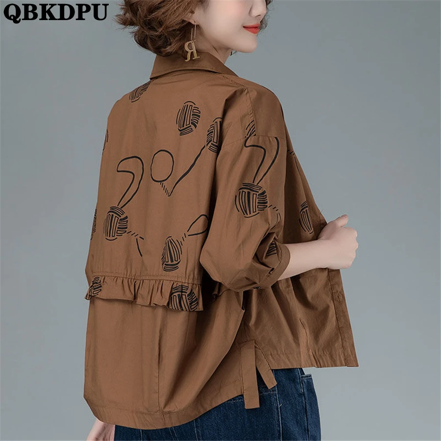 

Thin Print Lapel Cropped Jacket Oversize 3xl Outerwear Casual Loose Coat Spring Summer Chaqueta Long Sleeve Korean Ceketler 2023