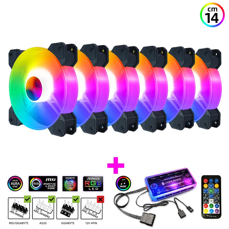 Coolmoon ARGB Fan 140mm Case 6 Kit with Music Controller Support AURA SYNC Computer Cooler Cooling RGB Fans |