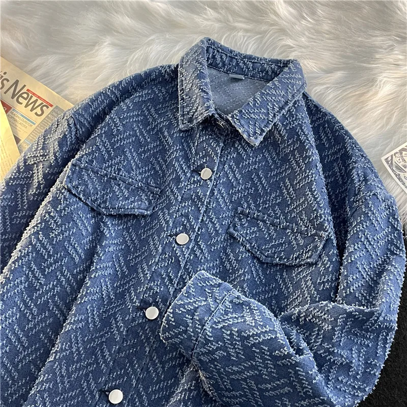 

High-grade textured denim jacket men's spring work shirt casual loose jacket