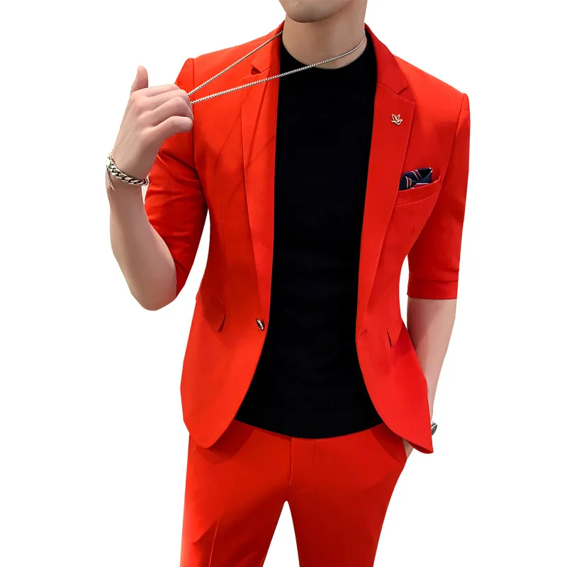 

2022 spring and summer men's suit two-piece Korean version solid color three-quarter sleeve iron-free men's suit dress suit