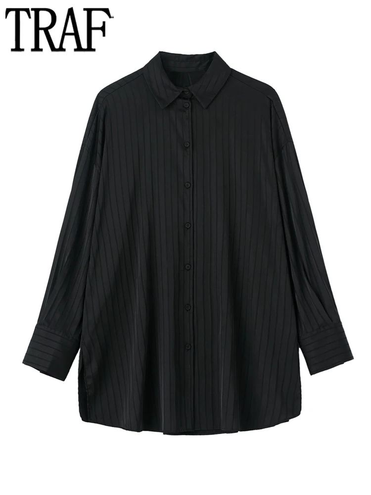 

TRAF Black Striped Shirts for Women Baggy Button Up Shirts Woman Streetwear Satin Blouse Women Long Sleeve Collared Top Female