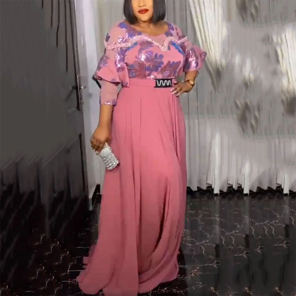 

Женское шифоновое платье с блестками, роскошное вечернее платье в пол с круглым вырезом, длинным рукавом и высокой талией, лето 2023