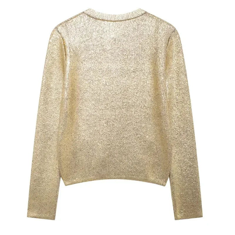 Женский короткий кардиган из фольги с длинным рукавом и пуговицами