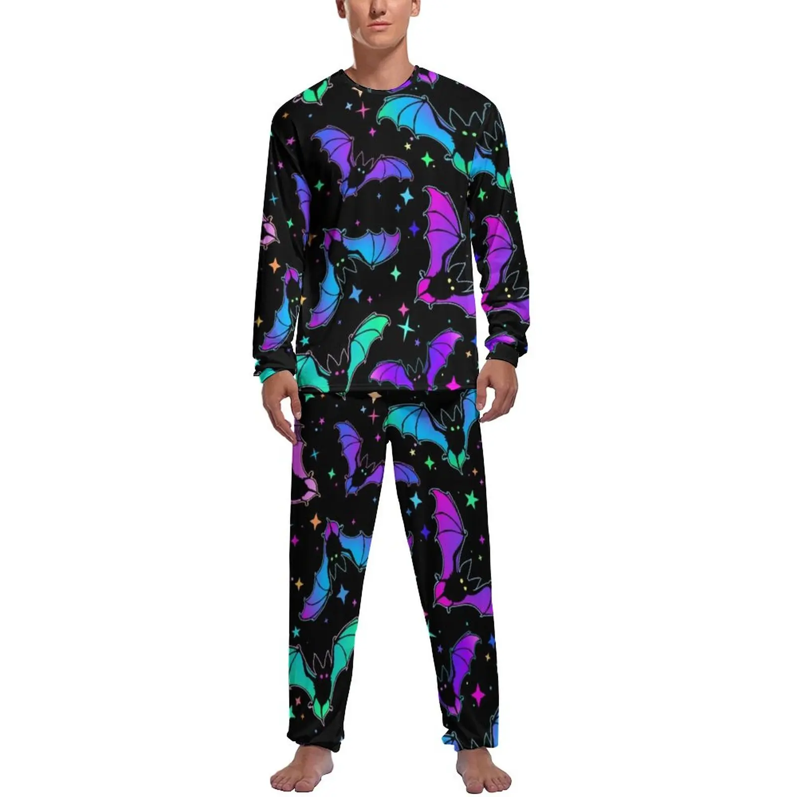 Bats And Star Pajamas Autumn Gothic Halloween Room Nightwear Men 2 Pieces Design Long-Sleeve Warm Pajamas Set