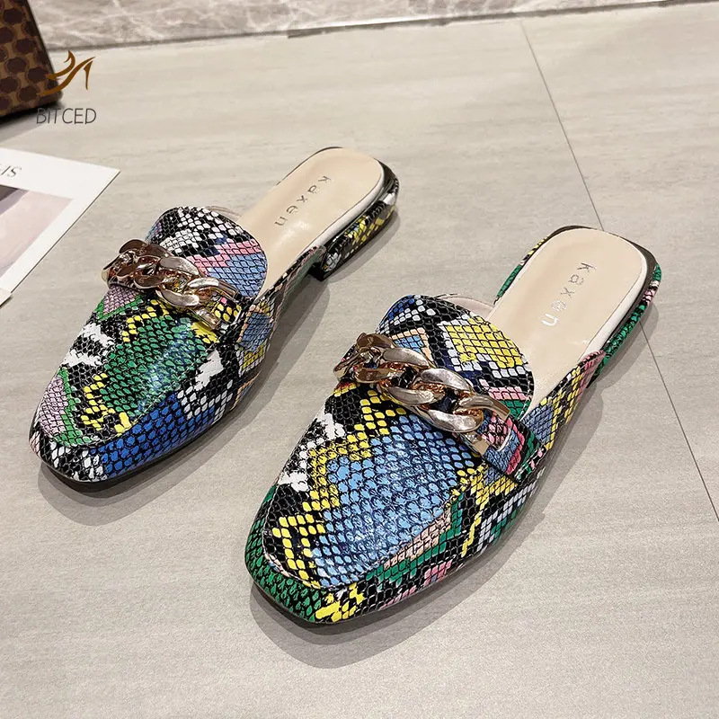 

Summer Slippers Women New Snake Prints Chain Mules Women Slides Square Toe Shoes Classic Fashion Footwear Pantuflas De Mujer